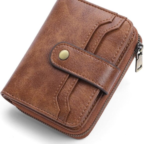 Women's Small Leather RFID Wallet Bifold Zipper Card Case with ID Window - Picture 1 of 11
